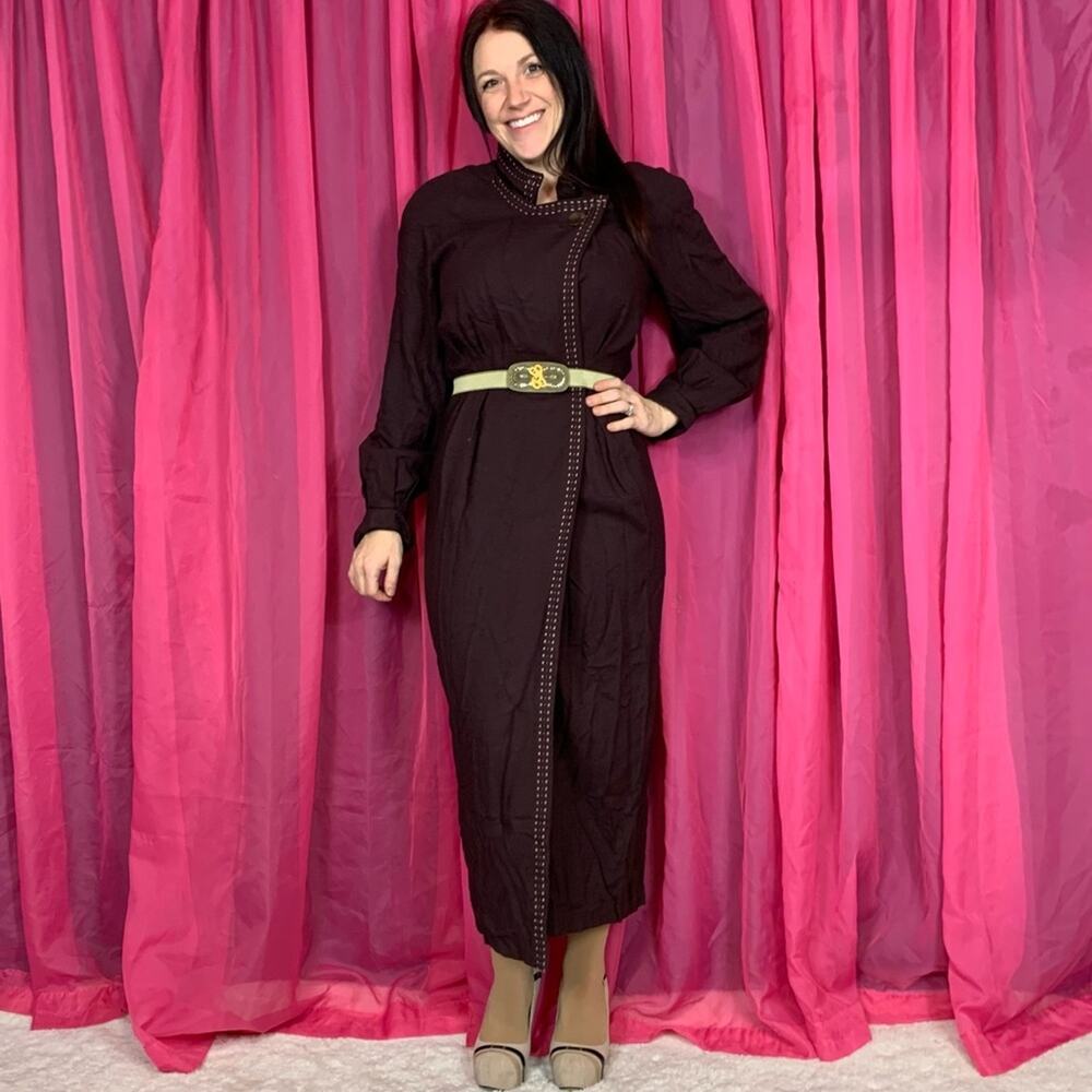 Vintage 80s Beau David brown maxi wrap power dress, 8